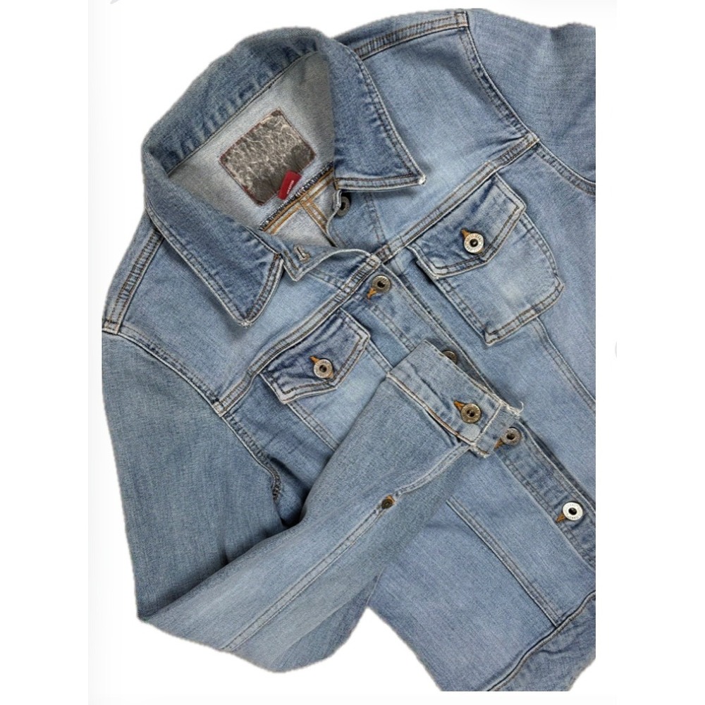 Vintage Y2K GUESS JEANS Women's Red-Patch Large Blue Denim Trucker Jacket #1575